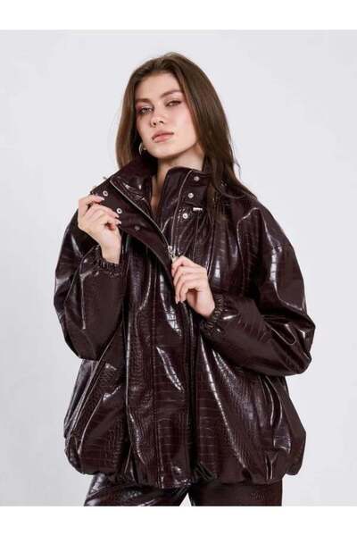 Kokoşum Butik 160848 Oversized Balloon Sleeve Leather Coat Burgundy