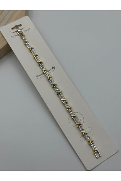 Çelik Zirkon taşlarla süslenmiş, altın kaplama detaylı paslanmaz bileklik