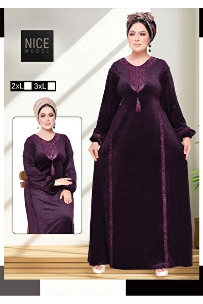 Nice Model Plus Size Velvet Maxi Dress with Embroidered Neckline | Long Sleev...