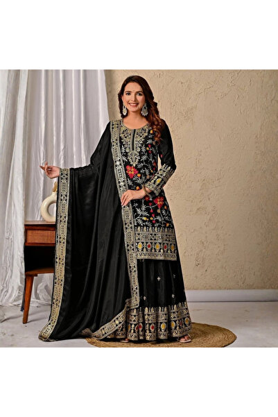 MYSMAR Black Chinnon Silk Kurti Sharara Dupatta - HRT5309 | Black