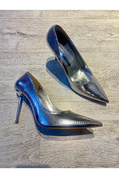 GMG PLUS Gümüş Yılan Derisi Desenli Stiletto