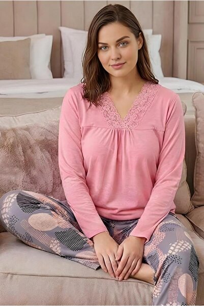 MORRO Long Sleeve Viscose Pajama Set Lace Detail Comfortable Casual Sleepwear Set