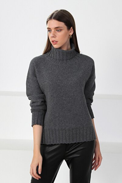 Ferraro Anthracite Turtleneck Cashmere Long Sleeve Women's Knitwear Sweater