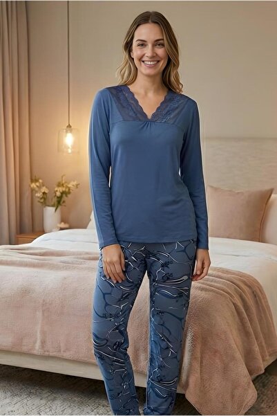 MORRO Long Sleeve Viscose Pajama Set Lace Detail Comfortable Casual Sleepwear Set