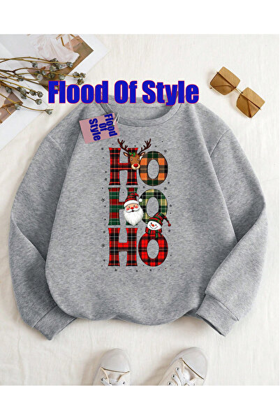 Flood Of Style Gray Christmas Minimalist Printed Crew Neck Sweatshirt