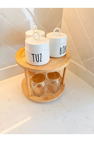 Sade Hediye 3-Piece Porcelain Spice Jar Set and 5-Piece Bamboo Lid Glass Spice Jar and Rotating Stand