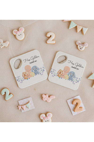 arslart Hoş Geldin Bebek Temalı Magnet Açacak Bardak Altlığı, Tavşan ve Bebek İllüstrasyonlu -20 Adet