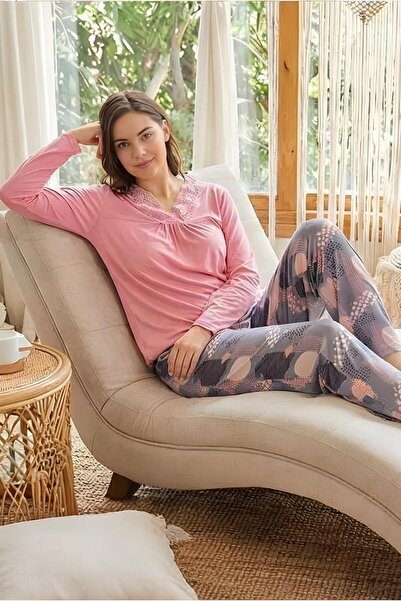 MORRO Long Sleeve Viscose Pajama Set Lace Detail Comfortable Casual Sleepwear Set