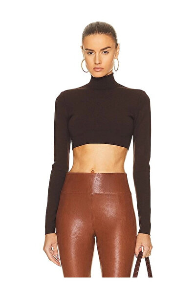 MetuCA Women's Brown Turtleneck Long Sleeve Double Layer Sandy Fabric Crop Bl...