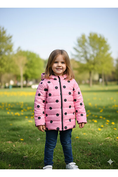 DUBLİNO KİDS Puantiyeli su ve rüzgar geçirmez içi peluş astarlı mevsimlik kız...