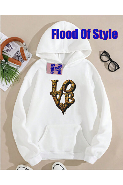 Flood Of Style White Love Minimalist Printed Crew Neck Sweatshirt