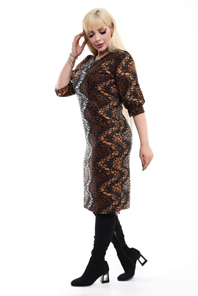 Mooi XXL Women's Coffee Stone Pattern Drop Neck Balloon Sleeve Plus Size Stretchy Suede Dress