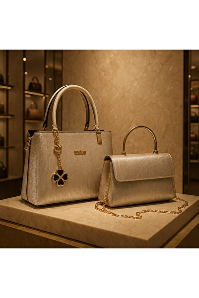 PefyBaby Women's Shoulder and Hand Bag Set of 2, Chain Strap, Gold Glitter Evening Bag