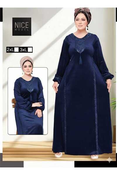 Nice Model Plus Size Velvet Maxi Dress with Embroidered Neckline | Long Sleev...