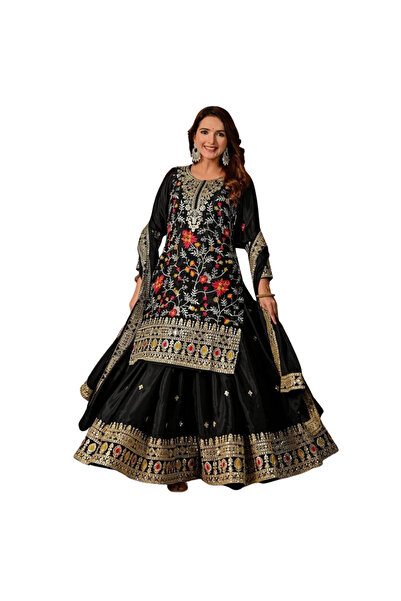 MYSMAR Black Chinnon Silk Kurti Sharara Dupatta - HRT5309 | Black