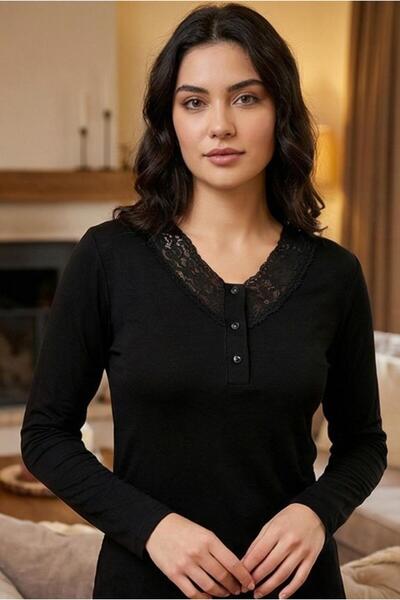 MORRO Long Sleeve Viscose Pajama Set Lace Detail Comfortable Casual Sleepwear Set