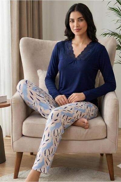 MORRO Long Sleeve Viscose Pajama Set Lace Detail Comfortable Casual Sleepwear Set