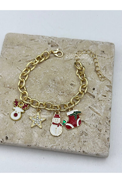 sleyshop سوار ذهبي اللون بتصميم غزال ونجمة لعيد الميلاد مع سلسلة سميكة