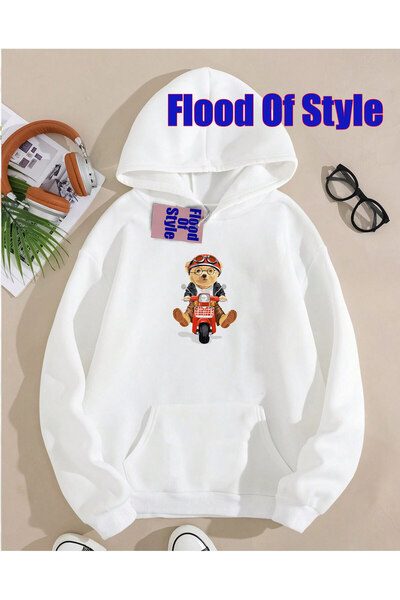 Flood Of Style White Motor Bear Minimalist cu imprimeu Biker Yaka Sweatshirt
