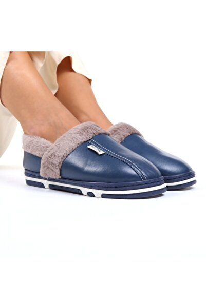 Loris Navy Fleece-lined Moccasin House Slippers