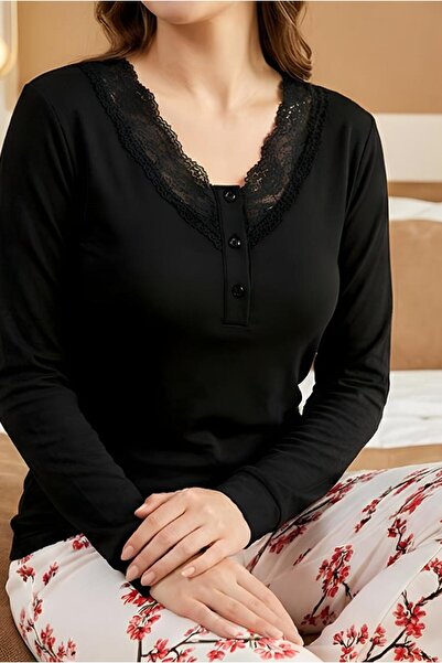 MORRO Long Sleeve Viscose Pajama Set Lace Detail Comfortable Casual Sleepwear Set