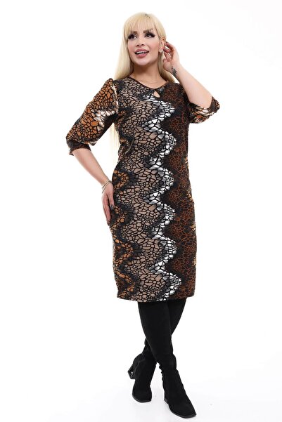 Mooi XXL Women's Coffee Stone Pattern Drop Neck Balloon Sleeve Plus Size Stretchy Suede Dress