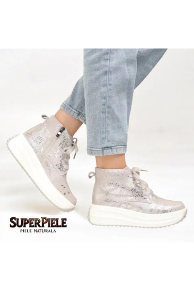 ANGEL BLUE Women's silver suede leather ankle boots with glitter, high sole |SARBOLA|