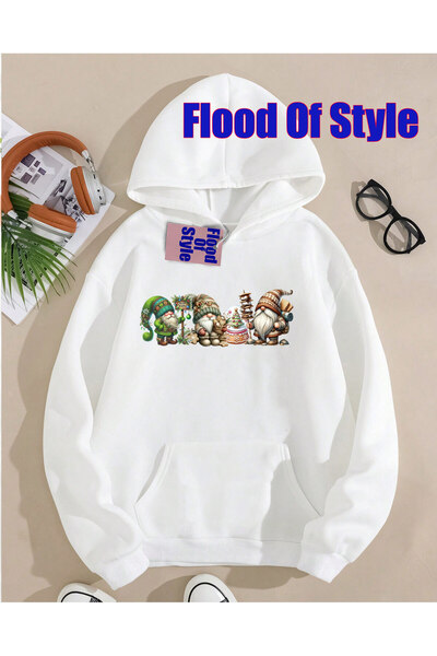 Flood Of Style Λευκό χριστουγεννιάτικο μινιμαλιστικό φούτερ με λαιμόκοψη με τ...