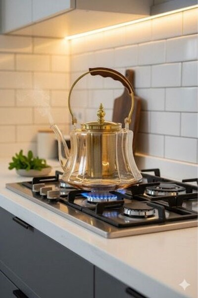 morponi Heat Resistant Borosilicate Amber Glass Teapot with Wooden Handle – 1200 ml Glass Teapot with Strainer