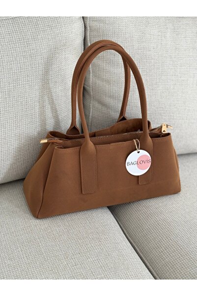 BAGLOVİS Tan Suede Women's Shoulder and Shoulder Bag En32 Boy16