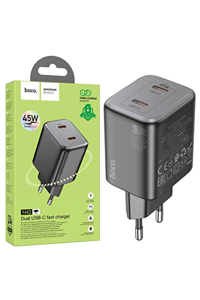 Hoco Τροφοδοτικό (N42), 45W, 2xUSB-C, PD, Μαύρο