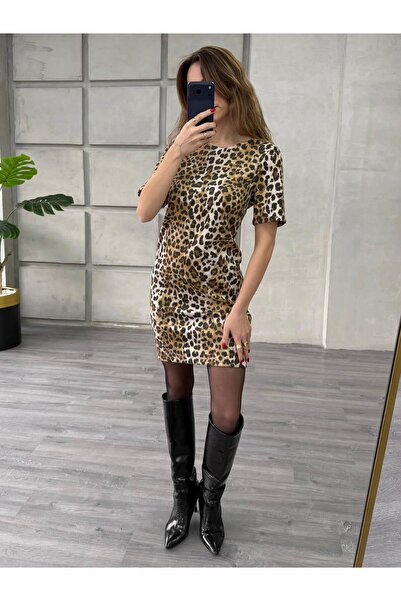 Coral Leopard Print Short Sleeve Dress 24288 Brown