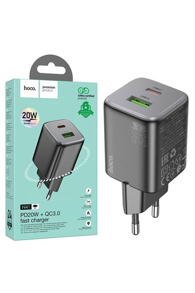Hoco Τροφοδοτικό (N41), 20W, 1xUSB-C, 1xUSB-A, PD, QC 3.0, Μαύρο