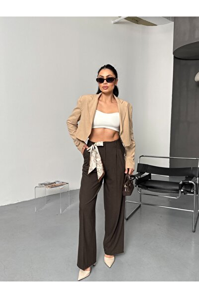 LB Laluna Butik Women's High Waist Pleated Scarf Detailed Palazzo Pants