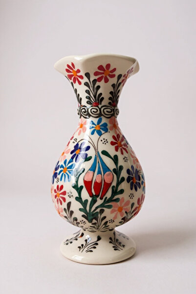 STORESZA El Yapımı 20Cm Kabartma ve Dantel İşçiliği Lale Motifli Sümbül Çini Vazo