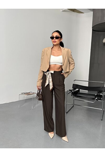 LB Laluna Butik Women's High Waist Pleated Scarf Detailed Palazzo Pants