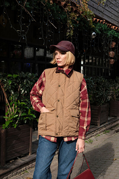 HOPE AND ME Krem Kadife Yaka Çıtçıt-Fermuar Detaylı Kapitone Yelek