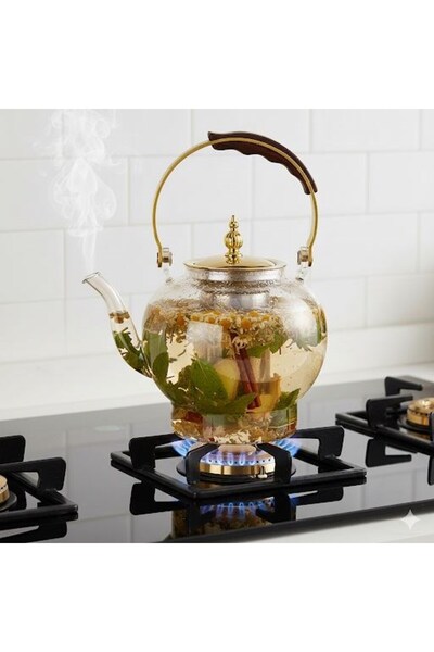 Qerhome Heat Resistant Borosilicate Amber Glass Teapot with Wooden Handle – 1200 ml Glass Teapot Oval with Strainer