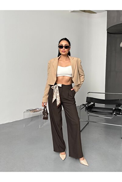 LB Laluna Butik Women's High Waist Pleated Scarf Detailed Palazzo Pants