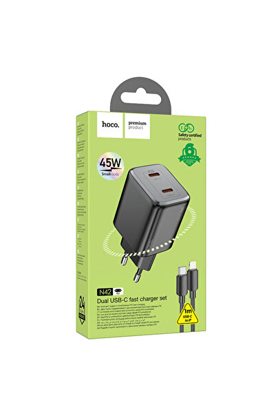 Hoco Φορτιστής ρεύματος (N42) + Καλώδιο Lightning, 45W, 2xUSB-A, Μαύρο