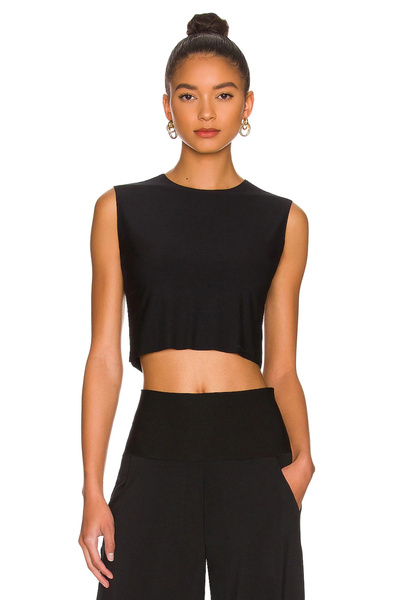MetuCA Crop top negru pentru femei, cu mâneci zero, cu două straturi, din țes...