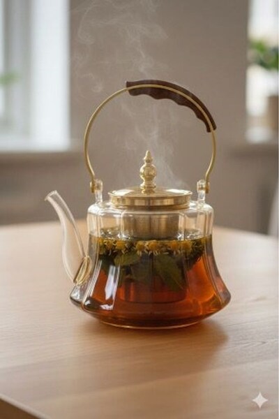 morponi Heat Resistant Borosilicate Amber Glass Teapot with Wooden Handle – 1200 ml Glass Teapot with Strainer