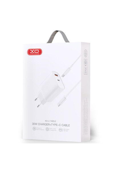 Xo Φορτιστής ρεύματος (L116) + Καλώδιο USB-C, 30W, 1xUSB-C, 1xUSB-A, PD, QC 3.0, Λευκό