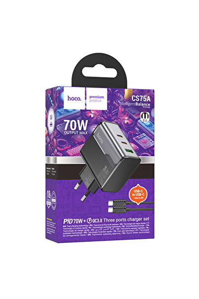 Hoco Φορτιστής ρεύματος (CS75A) + Καλώδιο USB, 1 μ., (PD70W+QC3.0) 2xUSB-C, 1xUSB, Γρήγορη φόρτιση, ΜΑΥΡΟ