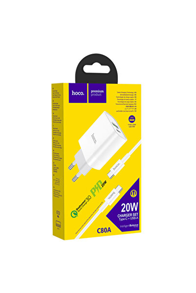 Hoco Φορτιστής ρεύματος (C80A) + Καλώδιο USB-C, 20W, 5V, 3.1A, 1xUSB-C, 1xUSB...