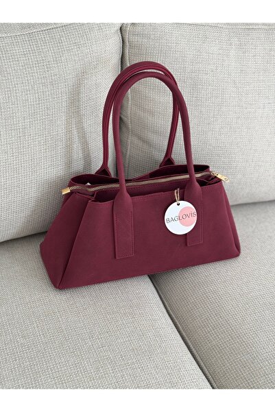 BAGLOVİS Burgundy Suede Women's Shoulder and Shoulder Bag En32 Boy16