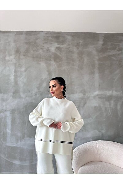 manana fashion Half Fisherman Stripe Detailed Sweater Pants Winter Two-Piece Set