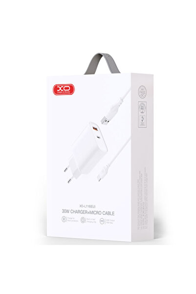 Xo Φορτιστής ρεύματος + Καλώδιο MicroUSB, 30W, 1xUSB-C, 1xUSB-A, PD, QC 3.0, Λευκό