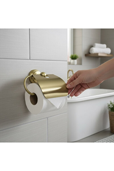 İSAOĞLU YAPI Matte Gold Vintage Toilet Paper Holder Classic Design Matte Gold Brushed Gold Brass Material Rustproof