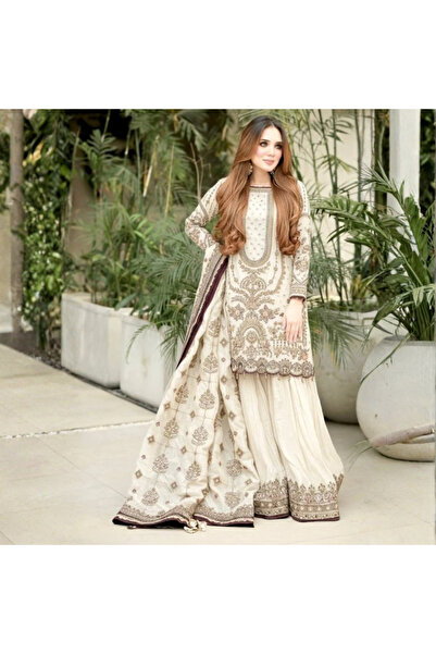 MYSMAR White Faux Georgette Kameez Salwar & Dupatta - HRT5855 | White
